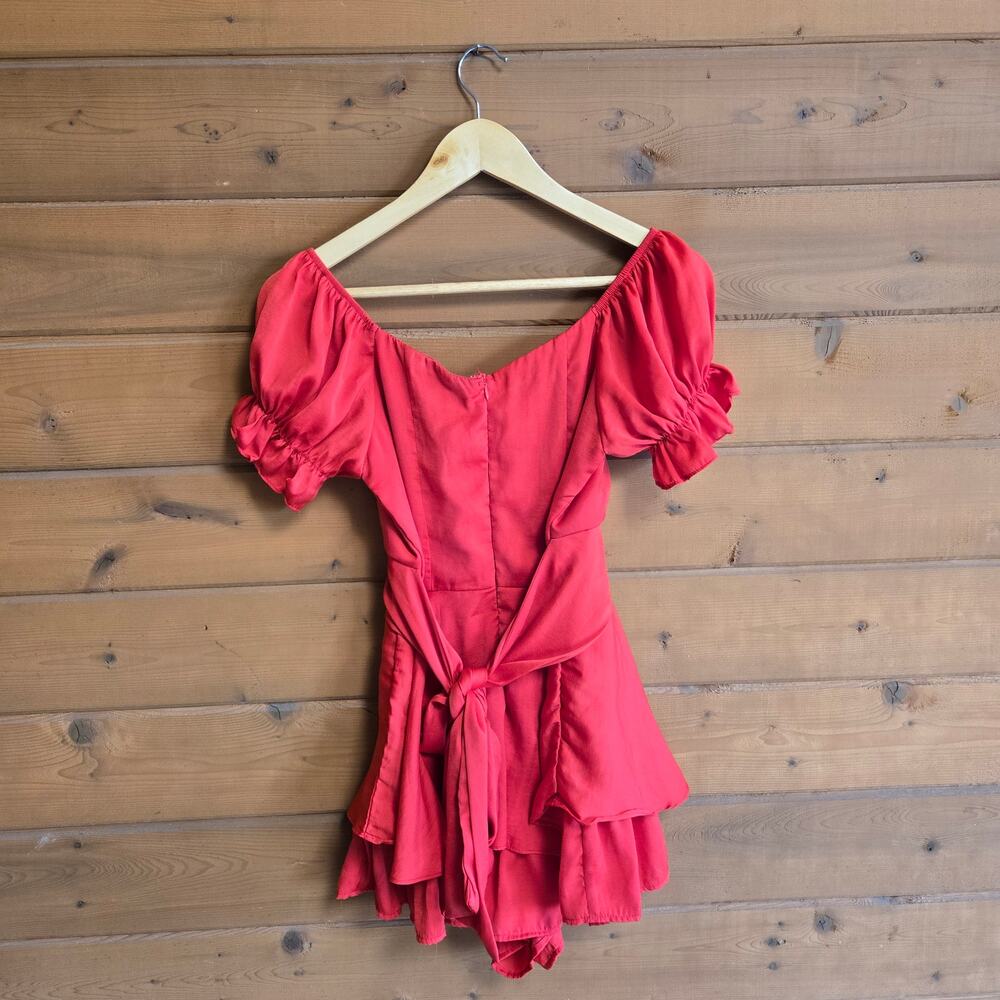 American Threads Romper Dress Red Off Shoulder Mini Flowy Puff Sleeve Small - Picture 3 of 5